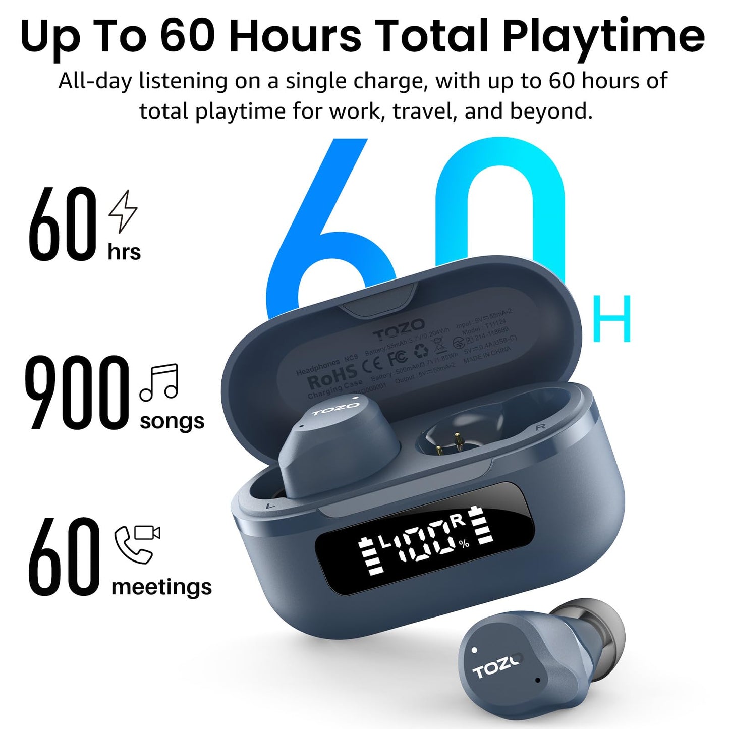 TOZO NC9 Hybrid Active Noise Cancelling Wireless Earbuds, 60H, LED Display
