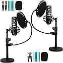 Movo PodPak2T 2-Pack Universal XLR Condenser Microphone Podcasting Equipment Bundle for 2 - Includes 2 Cardioid Mics, Desktop Stands, Shock Mounts