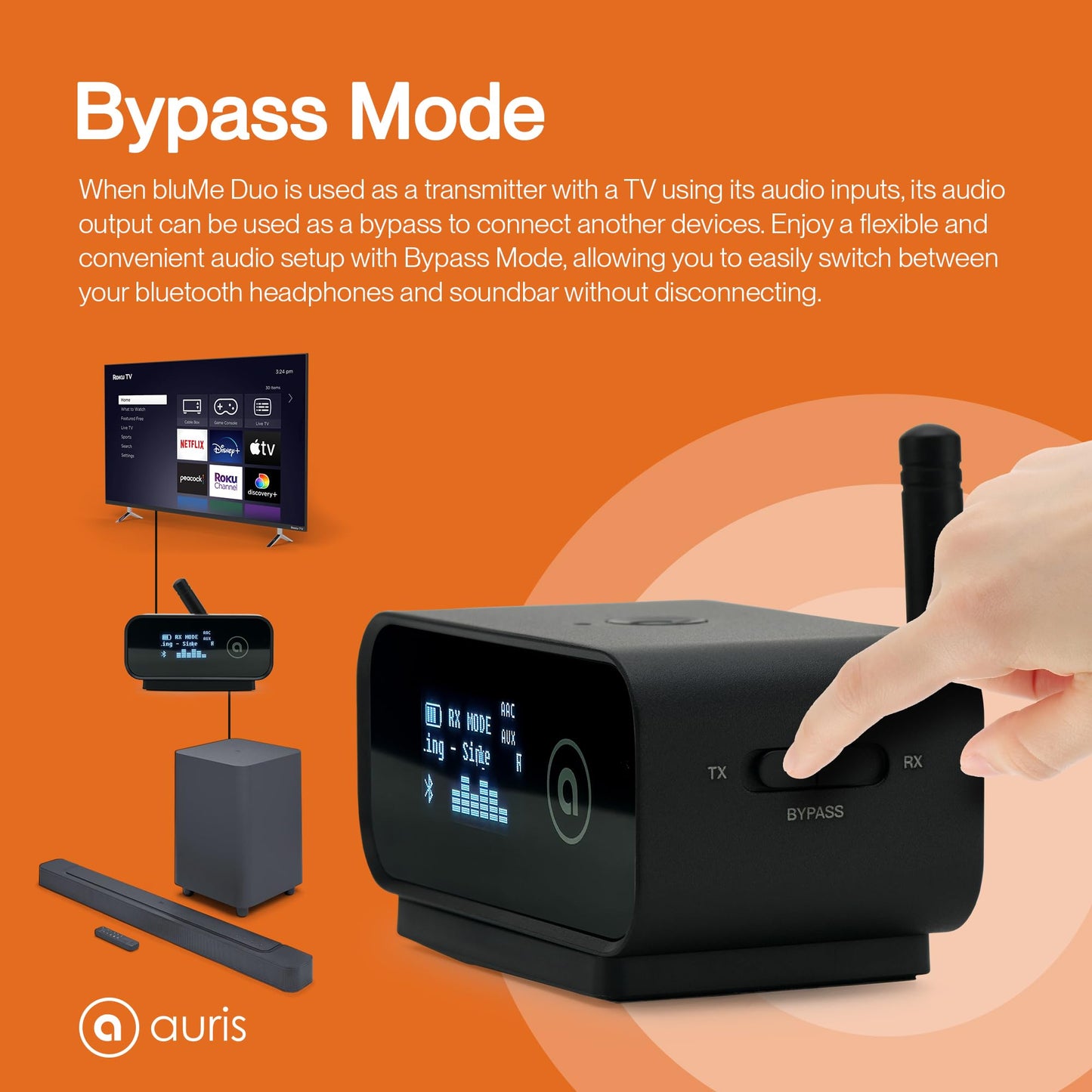 Auris Blume Duo HiFi Bluetooth 5.0 Music TV Transmitter & Receiver Long Range Wireless Adapter | Audiophile DAC, LDAC, aptX HD/LL, Display, Battery