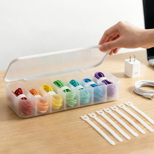 Cable Organizer Box with 7 Wire Ties, 1 Pack Desktop Cord Management Storage Case with Lid, 7 Compartments for Chargers Cables for Office Home Desk
