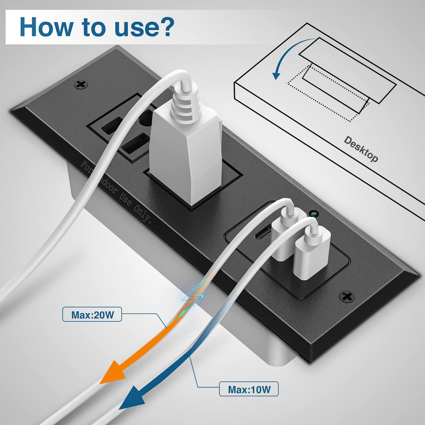 Type-C Conference Recessed Power Strip Socket,20W PD Fast Charging USB-C Power Strip,with 2 Outlets & 2 USB-A Ports &1 USB-C Port, 6.5ft Extension
