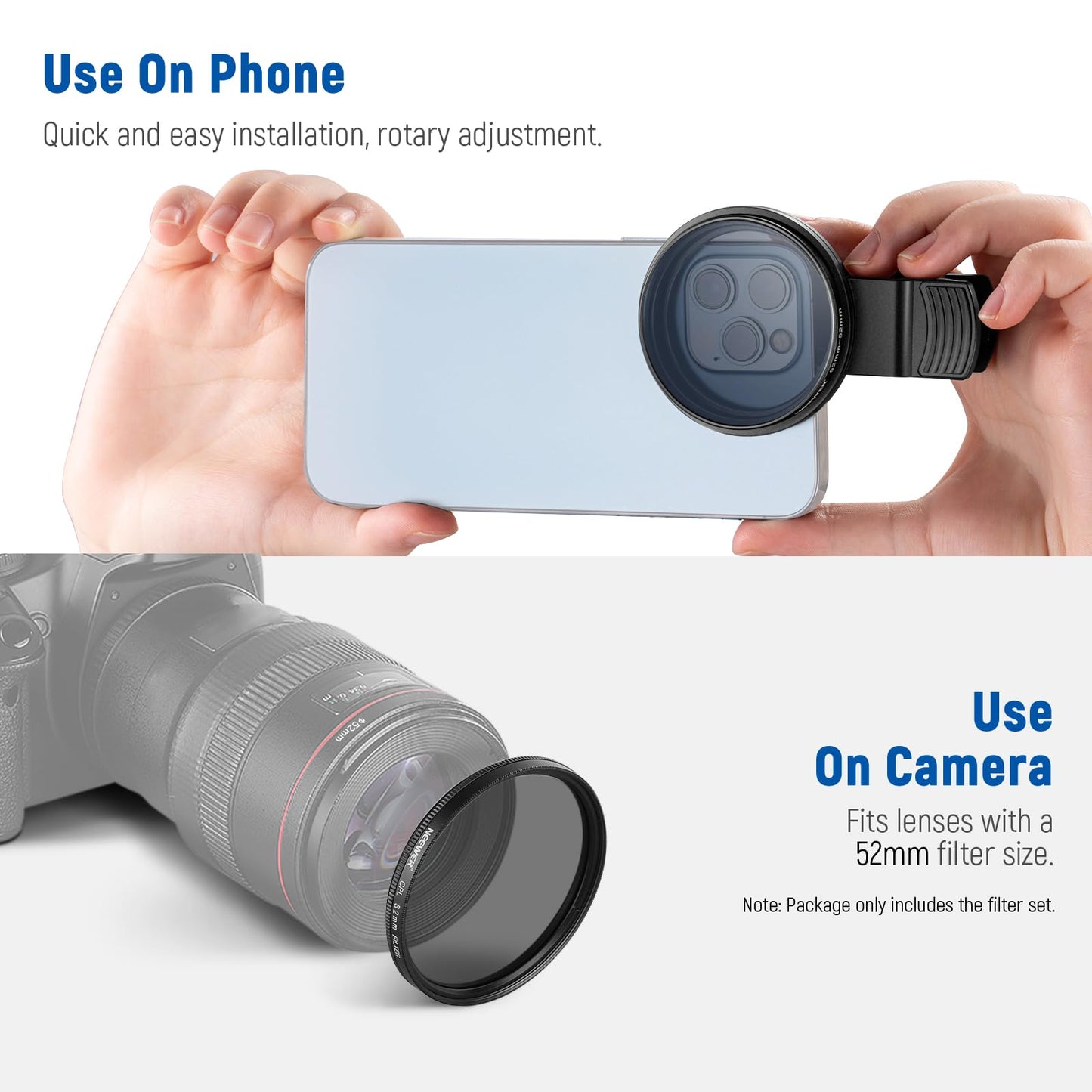 NEEWER 52mm 7 Pack ND Filter Set Compatible with iPhone, Clip On CPL+ ND32 + Starlight + GND (Red/Orange/Yellow/Blue) Phone Camera Lens Photography