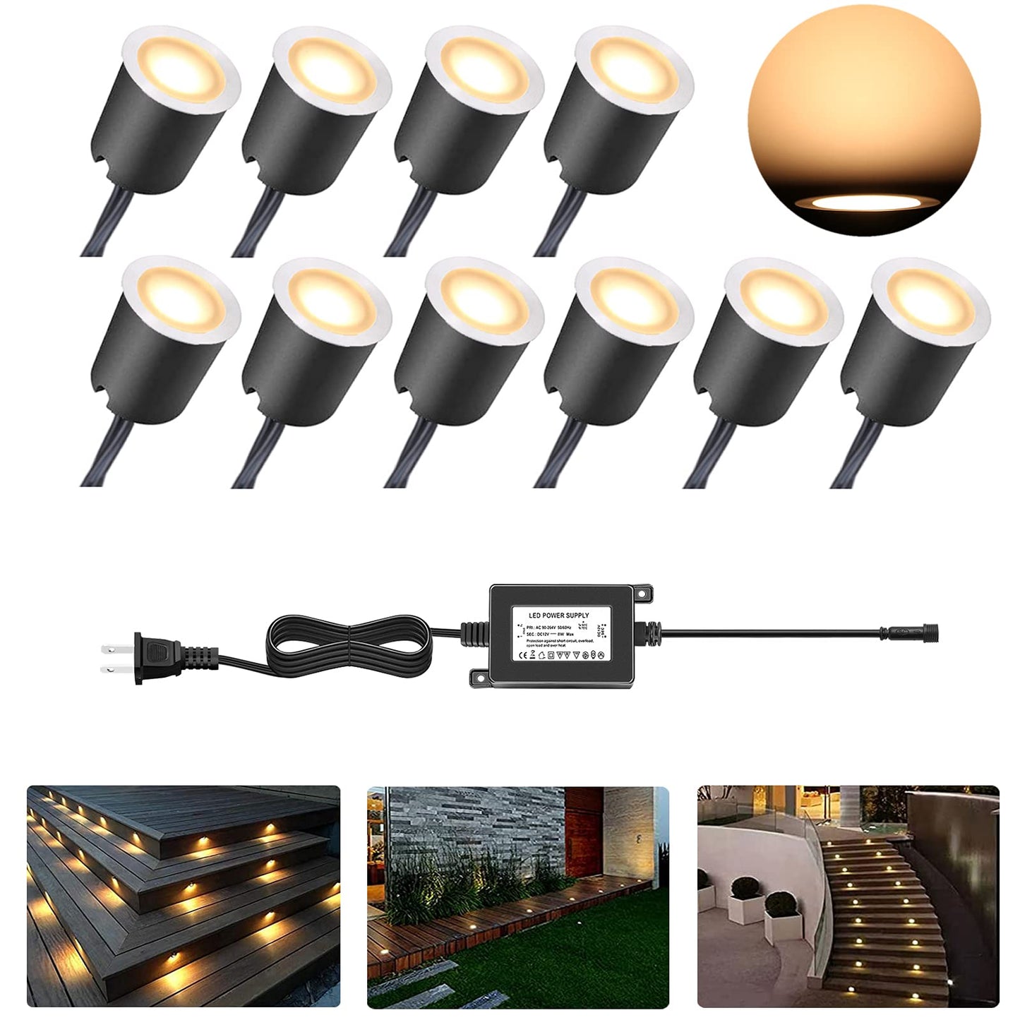 Rnehon LED Deck Light Kits with Protecting Shell, Recessed 12V Low Voltage Landscape Lights Waterproof IP65 Outdoor for Garden,Yard