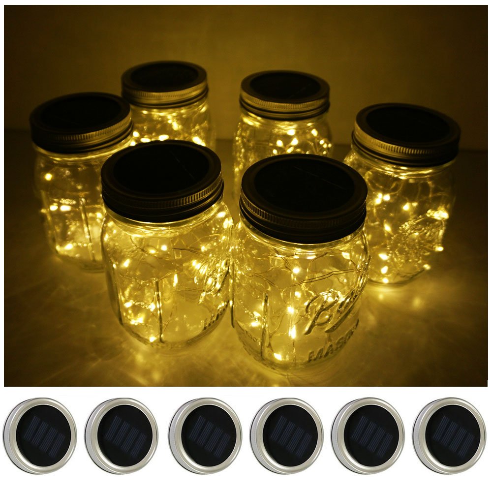 Decorman Solar Mason Jar Lid Lights, 6 Pack 10 LED Waterproof String Fairy Star Firefly Jar Lids Lights for Patio Garden Yard Lawn Party Wedding