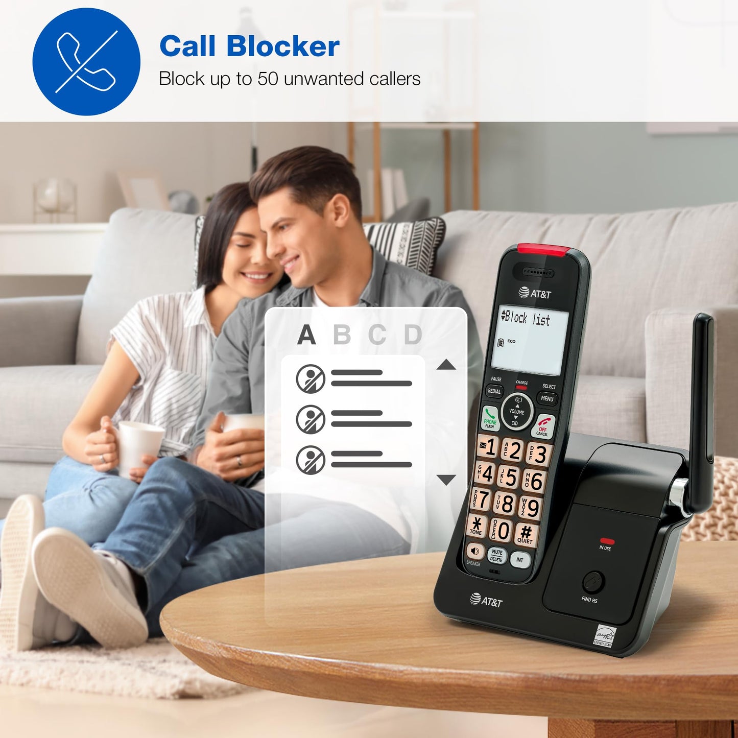 AT&T EL2131-11 Cordless Landline Phone with Call Blocker, Caller ID, DECT 6.0 Speakerphone, Backlit Display/Keypad - Black/Silver