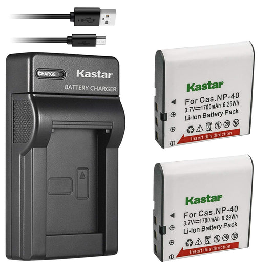 Kastar Battery (X2) & Slim USB Charger for Cas NP-40 and Exilim Z400 FC100 FC150 FC160S P505 P600 P700 Z100 Z1000 Z1050 Z1080 Z1200 Z200 Z30 Z300 Z40