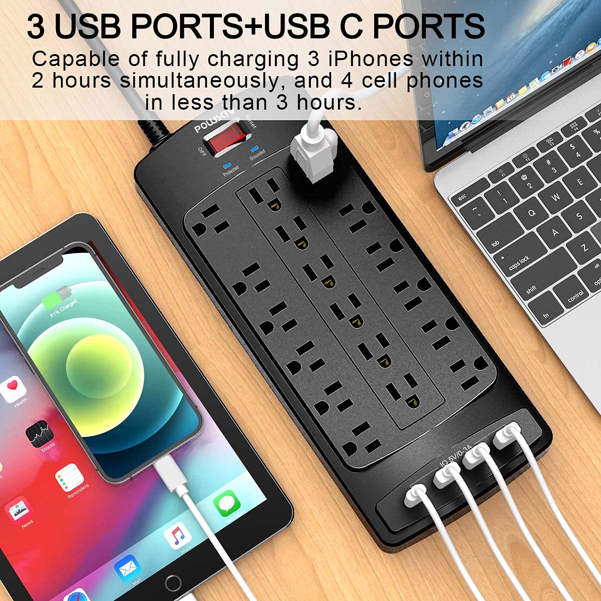 18 Outlets Surge Protector Power Strip - 6 Feet Flat Plug Heavy Duty Extension Cord with 18 Widely Outlets and 4 USB Ports, 2100 Joules, Black, ETL