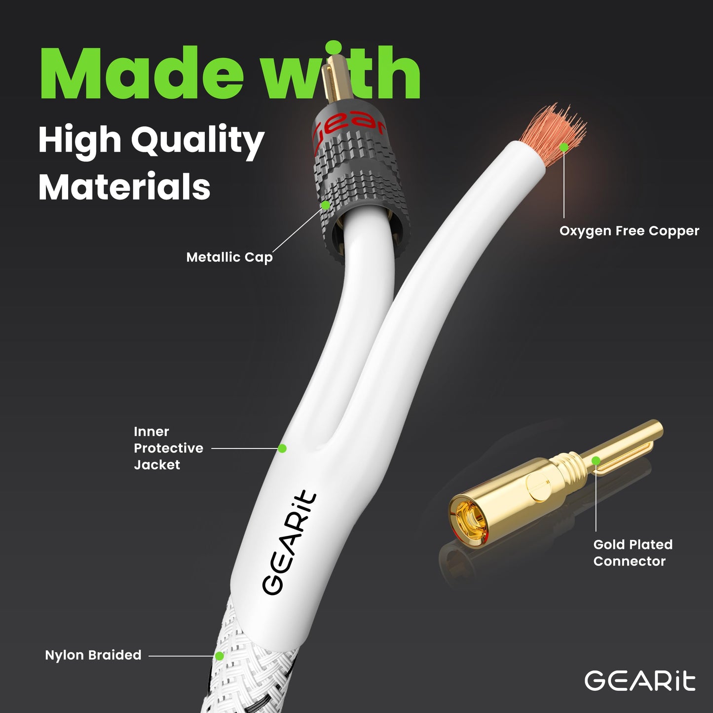 GearIT 12AWG Premium Heavy Duty Braided Speaker Wire Cable (10 Feet) Dual Gold Plated Banana Plug Tips - in-Wall CL2 - Oxygen-Free Copper (OFC) White