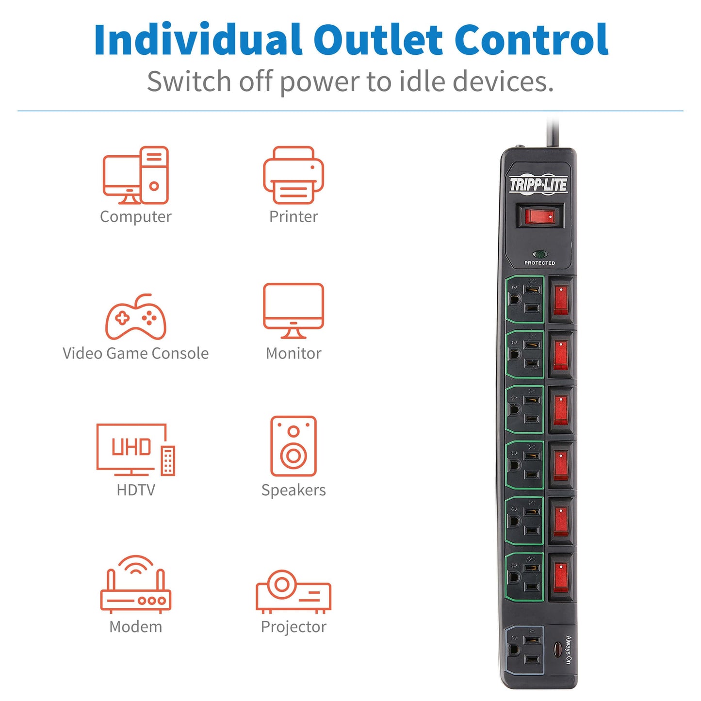 Tripp Lite 7 Outlet (6 Individually Controlled) Surge Protector Power Strip, 6ft Cord, Black, Lifetime Limited Warranty & 25K Insurance (TLP76MSGB)
