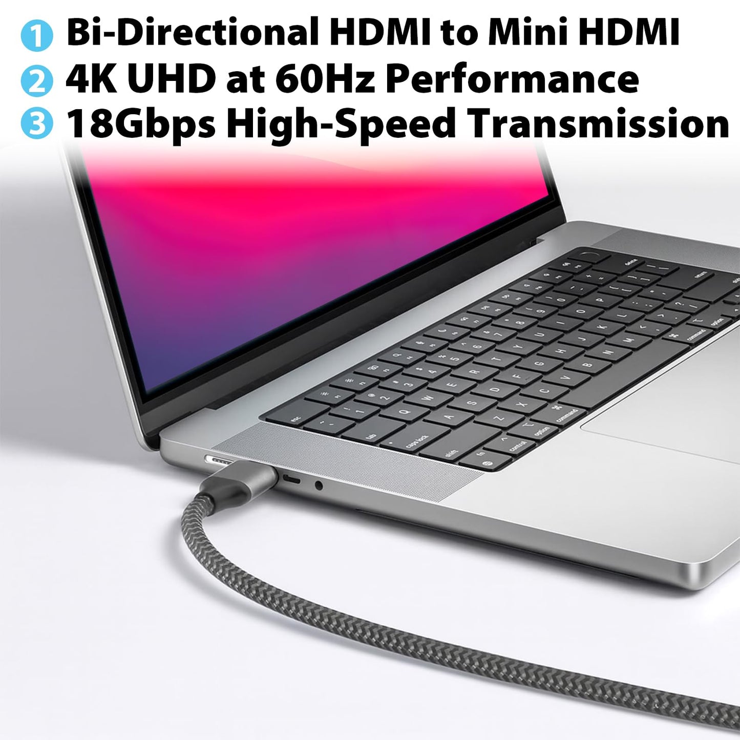 Cyberguys! Mini HDMI to HDMI 2.0 Cable, 4K 60Hz Ultra HD, 18Gbps High-Speed Bi-Directional Braided Cord w/Gold-Plated Connectors, Compatible