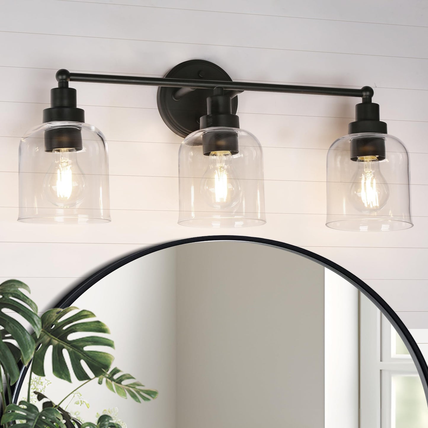 GEPOW Bathroom Wall Light Fixtures, 3-Light Black Vanity Light with Clear Glass Shade, Modern Farmhouse Wall Lamp Over Mirror for Hallway, Kitchen