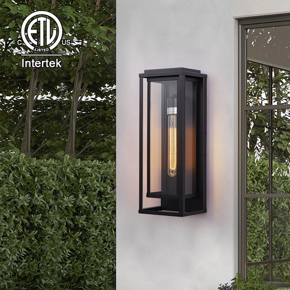 Cerdeco 18” Modern Outdoor Wall Sconce with Rectangular Metal Frame and Transparent Glass Shade,Black Outdoor Lighting for Garage Porch Patio Pack