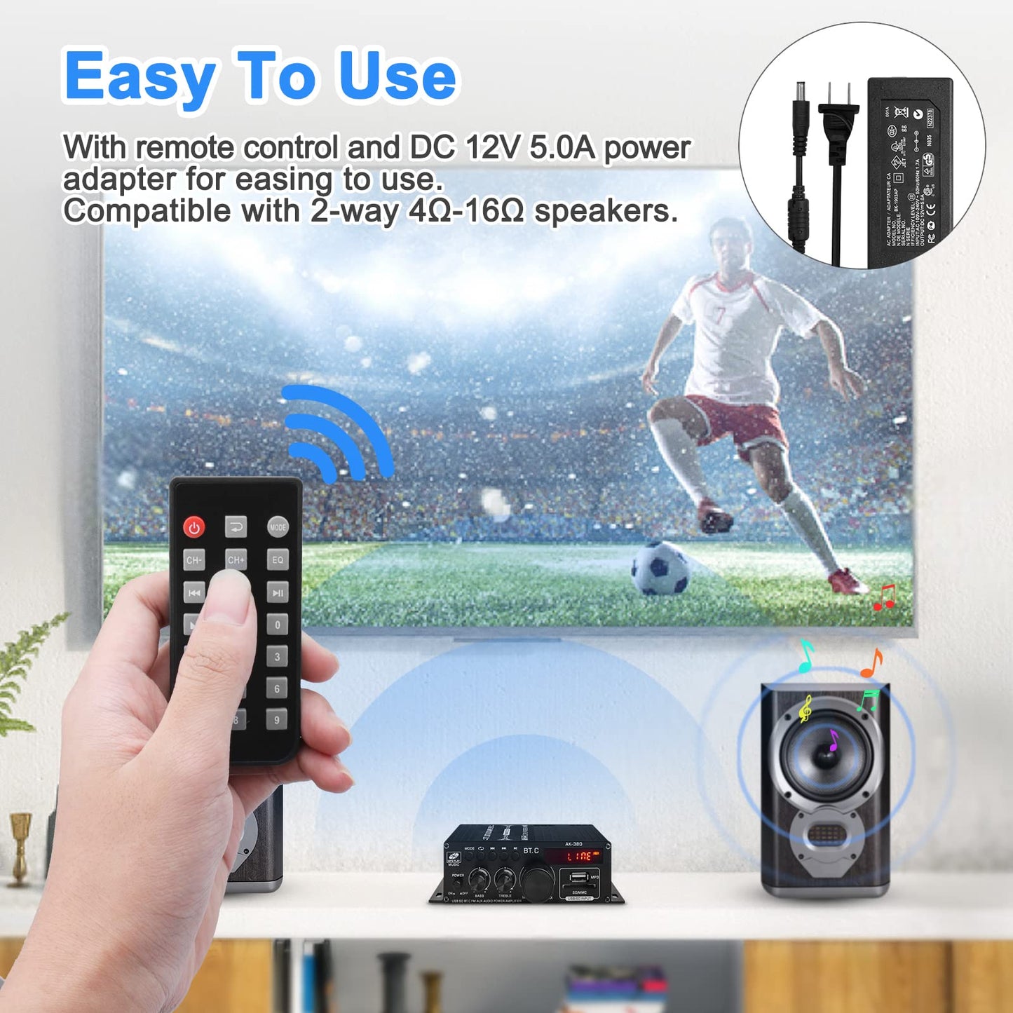 AK-380 USB SD BT.C FM AUX Audio Power Amplifier 2.0 CH 40W+40W HiFi Stereo AMP Speaker Bluetooth 5.0 Amp Receiver with 12V 5A Power Supply,FM Antenna