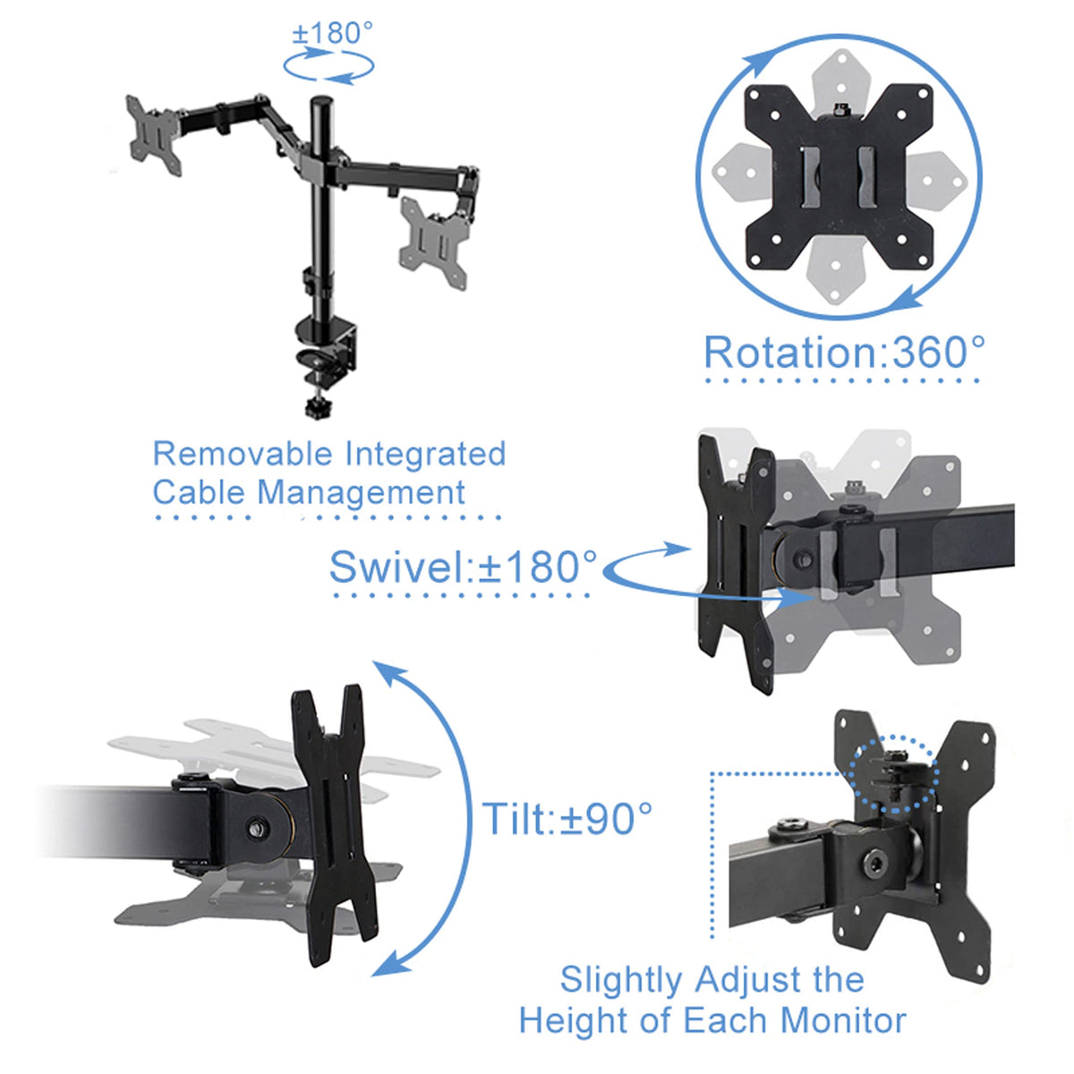Rocelco Premium Desk Computer Monitor Mount - Standard Pattern Fits 13" - 27" LED LCD Dual Flat Screen - Double Articulated Full Motion Adjustable Arm