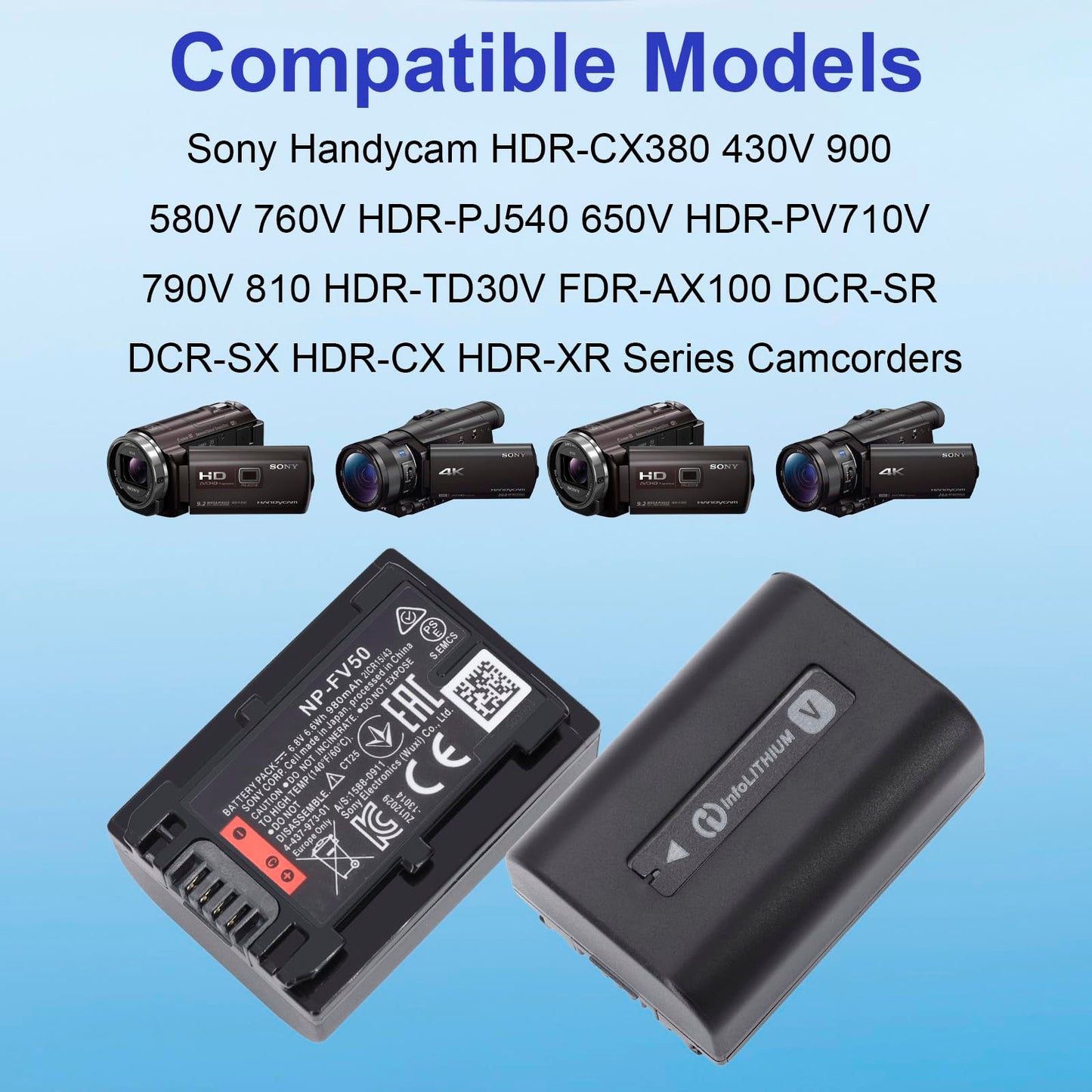 NP-FV50 NP-FV30 NP-FV40 980mAh Replacement Battery Compatible for Sony Handycam HDR-CX380 430V 900 580V 760V HDR-PJ540 650V HDR-PV710V 790V 810