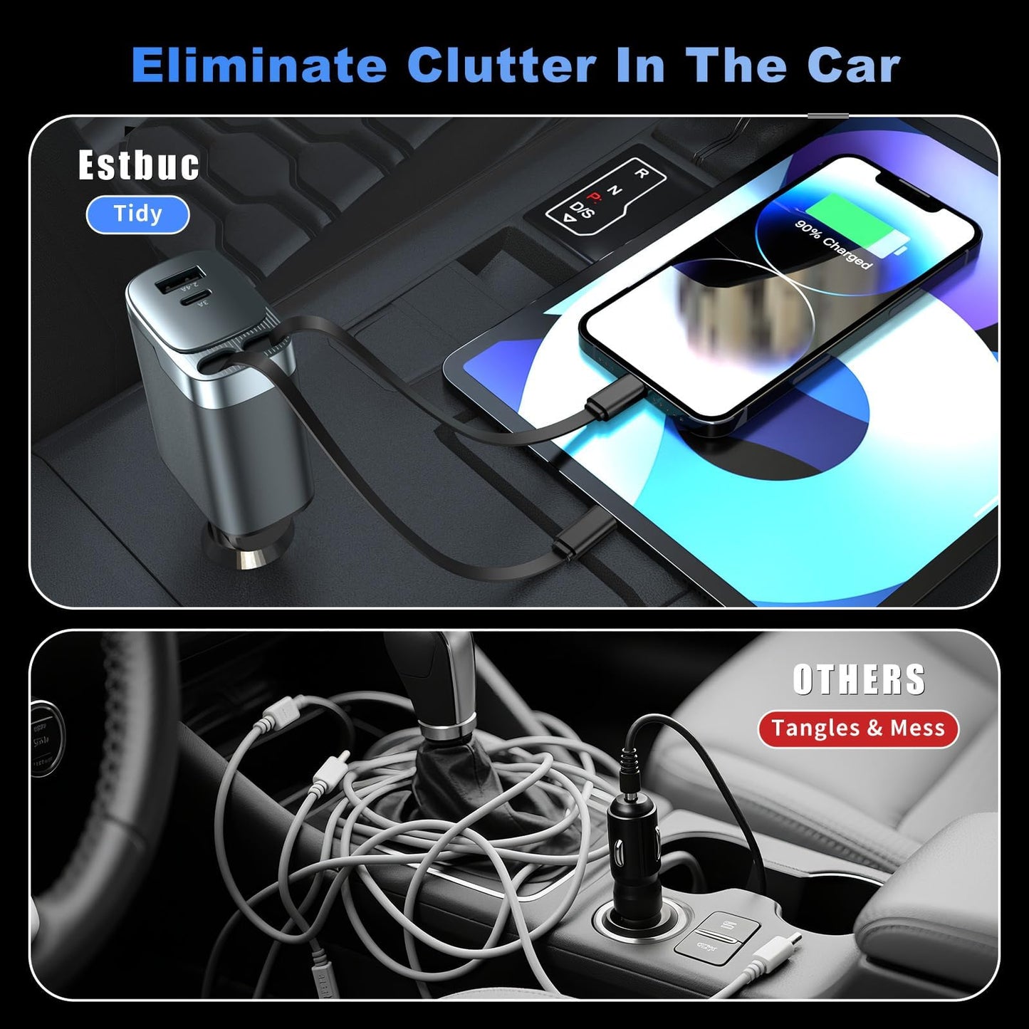 Retractable Car Charger 4 in 1, Car Charger USB C Fast Charge 84W Cigarette Lighter USB Charger, Travel Essentials Car Accessories Gifts for Men Women