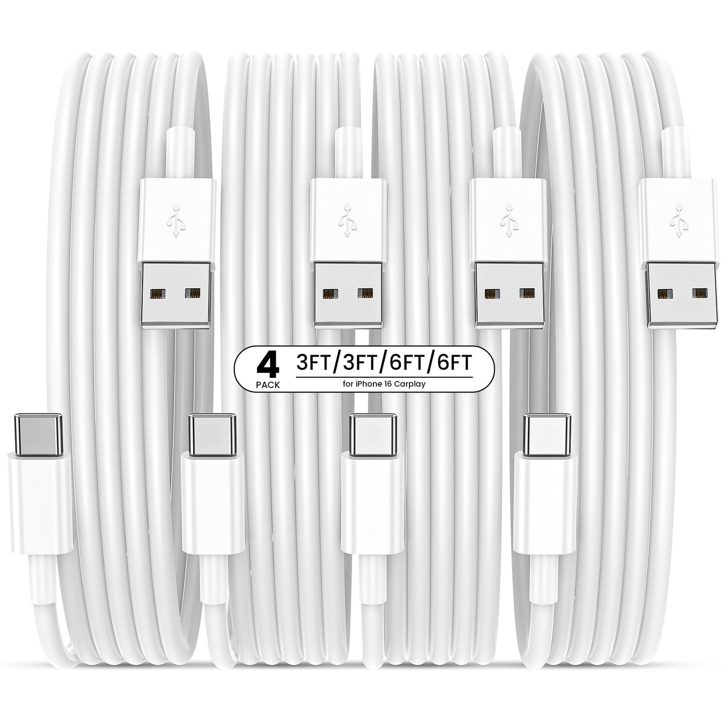 Bayznqiu Car CarPlay Cable for iPhone 15 16 17 Charger Cord, [4-Pack, 3FT&6FT] USB A to USB C Fast Charging Cords for iPhone 17 pro/17 pro max/17