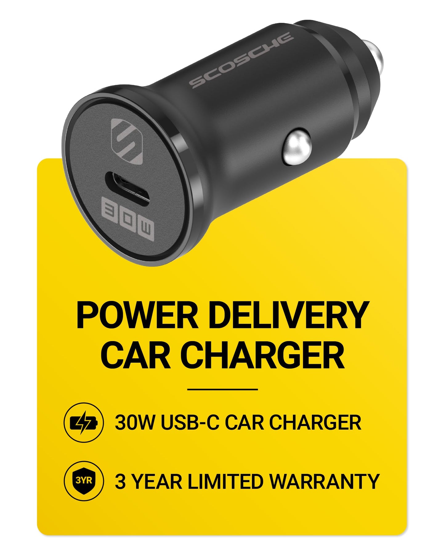 Scosche SCPDC30LC 30W USB-C Car Charger, Fast Charging 12V Cigarette Lighter Adapter with Power Delivery Compatible with iPhone, Samsung Galaxy