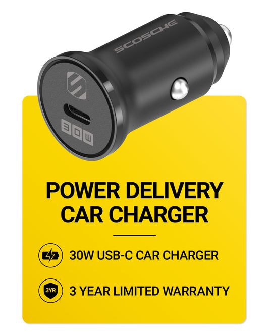 Scosche SCPDC30LC 30W USB-C Car Charger, Fast Charging 12V Cigarette Lighter Adapter with Power Delivery Compatible with iPhone, Samsung Galaxy