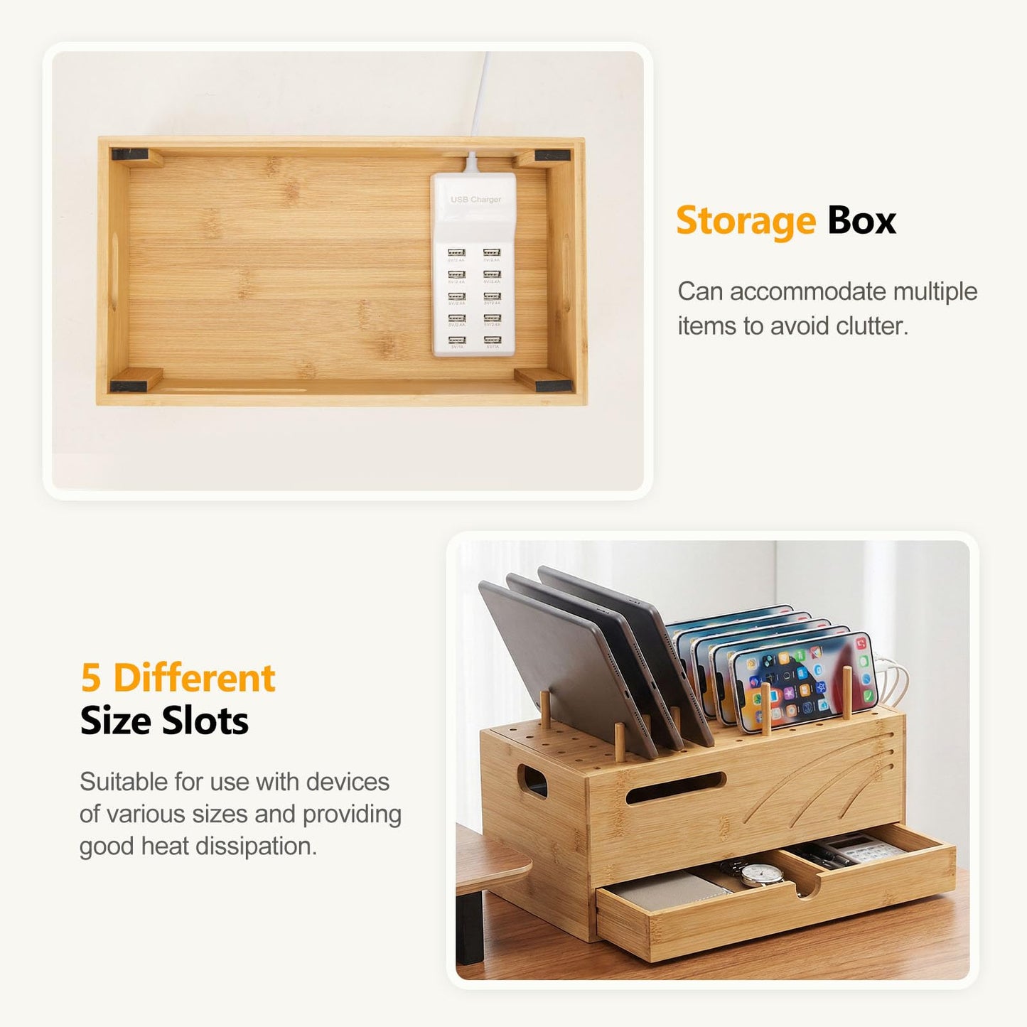 Homde Bamboo Charging Station Organizer: 2 Layer Charger Holder with Drawer for Office Home - Electronic Docking Stand for Multiple Devices, Tablets