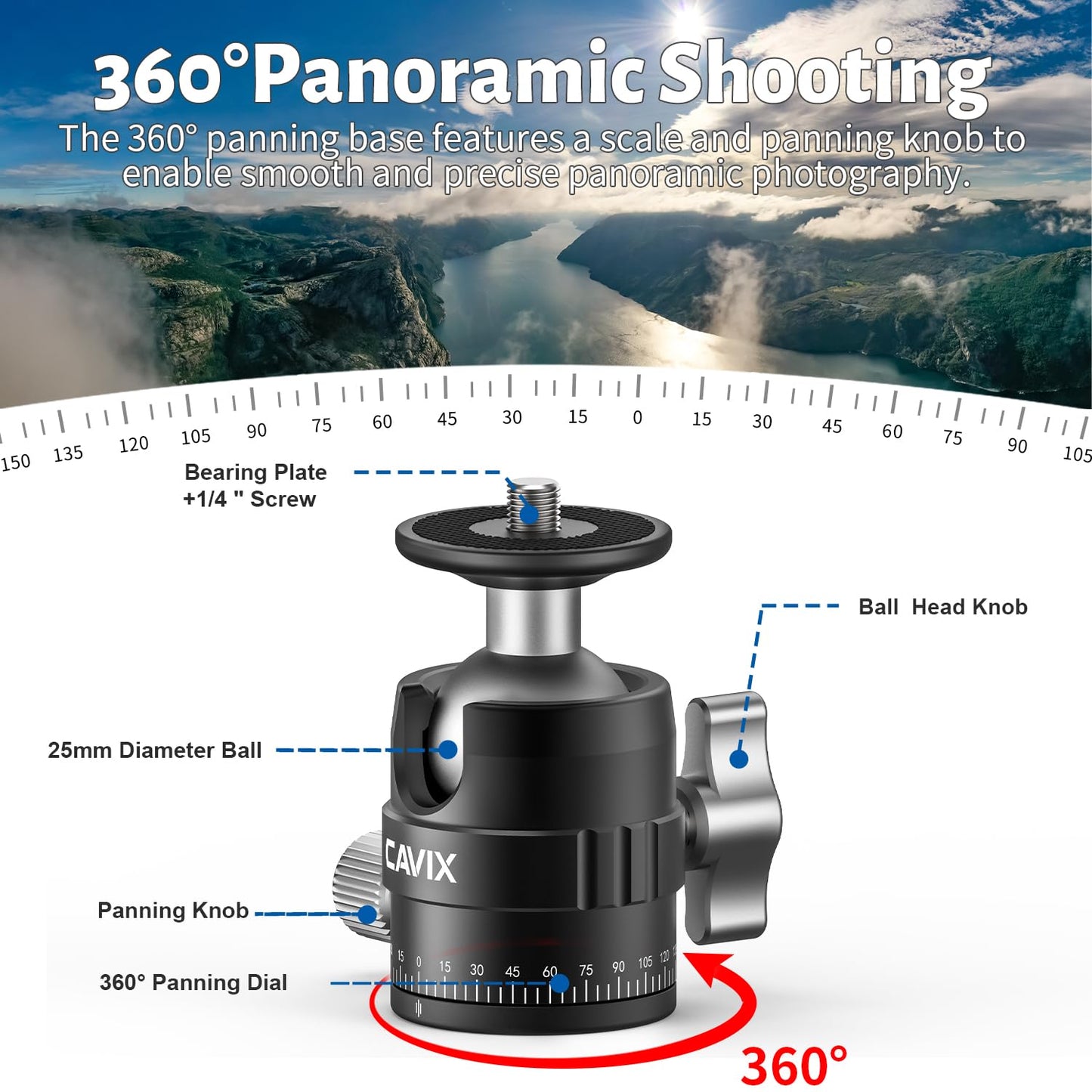 CAVIX 25mm Small Ball Head 360° Panoramic Tripod Head, Mini Ball Head with 1/4" Quick Release Plate, for DSLR/Mirrorless Camera, Compatible