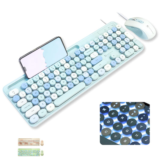 X9 Wired Keyboard and Mouse Combo with Backlight - Retro Typewriter Round Keycaps, Phone/Tablet Dock, 109 Fullsize Keys, Cute Colorful Blue Keyboard