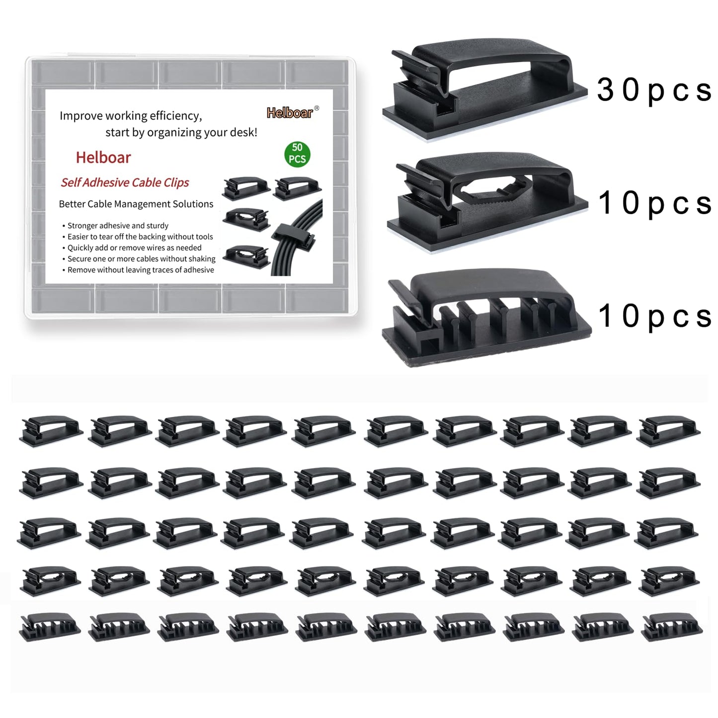 Helboar Cable Clips 50PCS, Self Adhesive Cable Management Clips, Cord Organizer Wire Clips Cord Holder for Appliances PC Wall Ethernet Cable Under