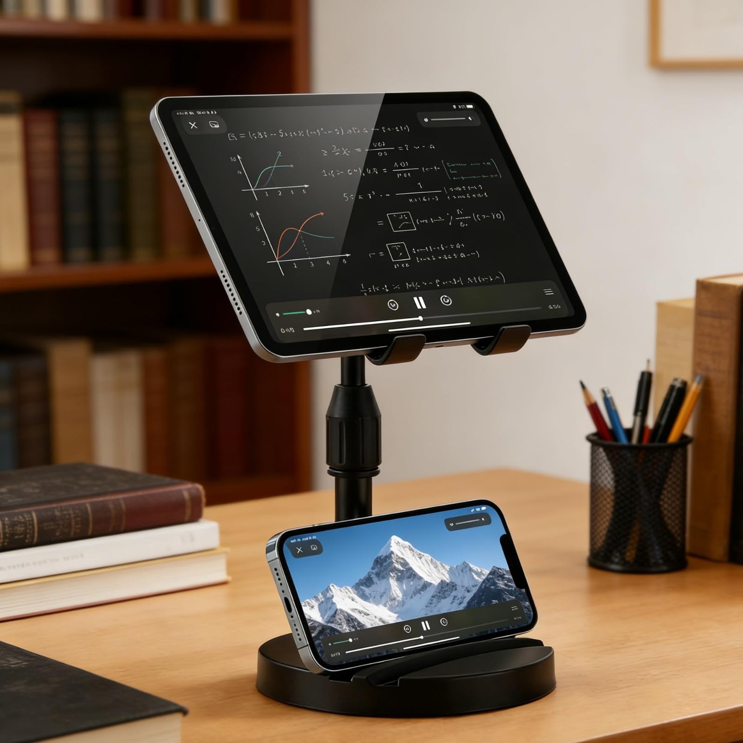 ZYEUNAGNB Adjustable Height Phone and Tablet Stand, Dual Device Holder with 360° Rotation, Sturdy Non-Sturdy Non-Slip Base with Card Slot
