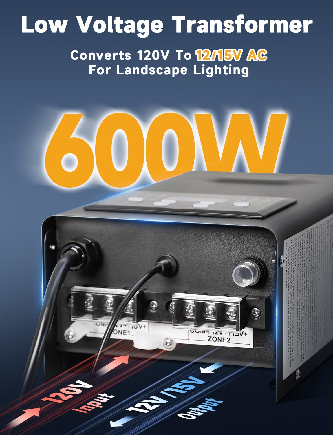 COLOER 600W Low Voltage Landscape Lighting Transformer with 2 Independent Control Output Zones, 120V AC to 12V/15V AC Low Voltage Power Pack