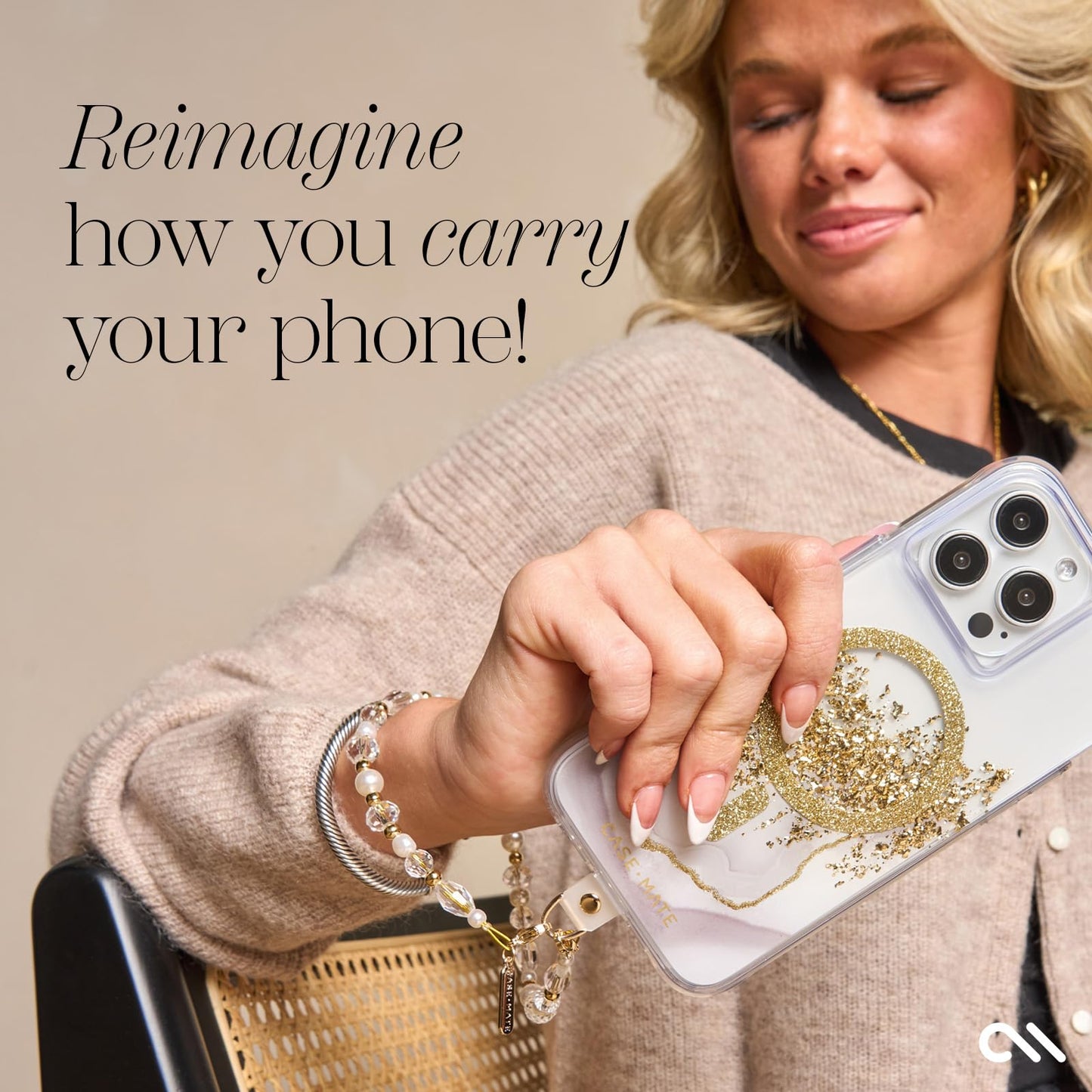 Case-Mate Phone Charm Wrist Strap w/Pearls & Crystals - Crystal Pearl Gold