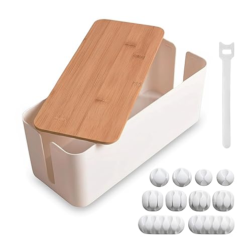 RICEXO Cable Management Box, 7 Holes, 12x5x4.5 inches, Wooden Lid Cable Organizer Box for Desk to Hide Power Strips, Tv Wires, ABS Material Cord Cover