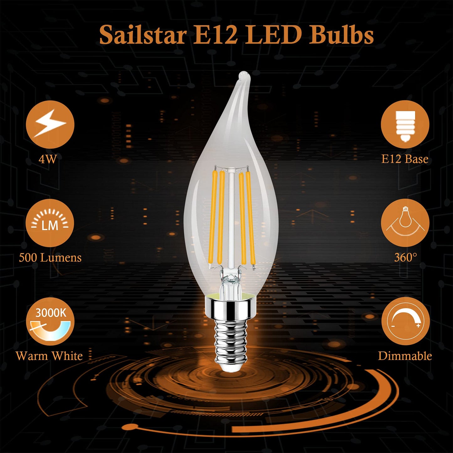 Sailstar E12 LED Candelabra Bulbs Dimmable, 60 Watt Equivalent 3000K Warm White Chandelier Light Bulbs, 4W Filament Candle LED Bulbs, Flame Tip, 500