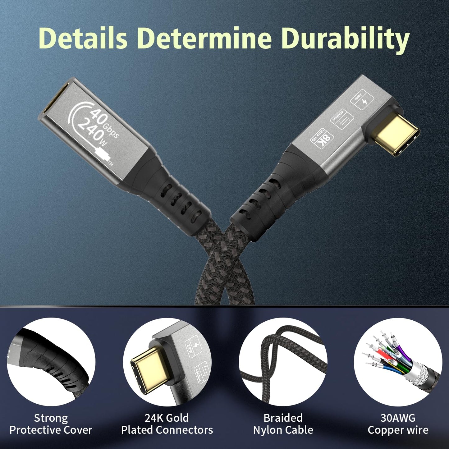 USB C 4 Extension Cable, with Thunderbolt 4 Cable, 240 W Charging, 40 Gbps Data, 8K @ 60Hz 4K, PD3.1, USB C Female, for Hub, Dock MacBook, SSD