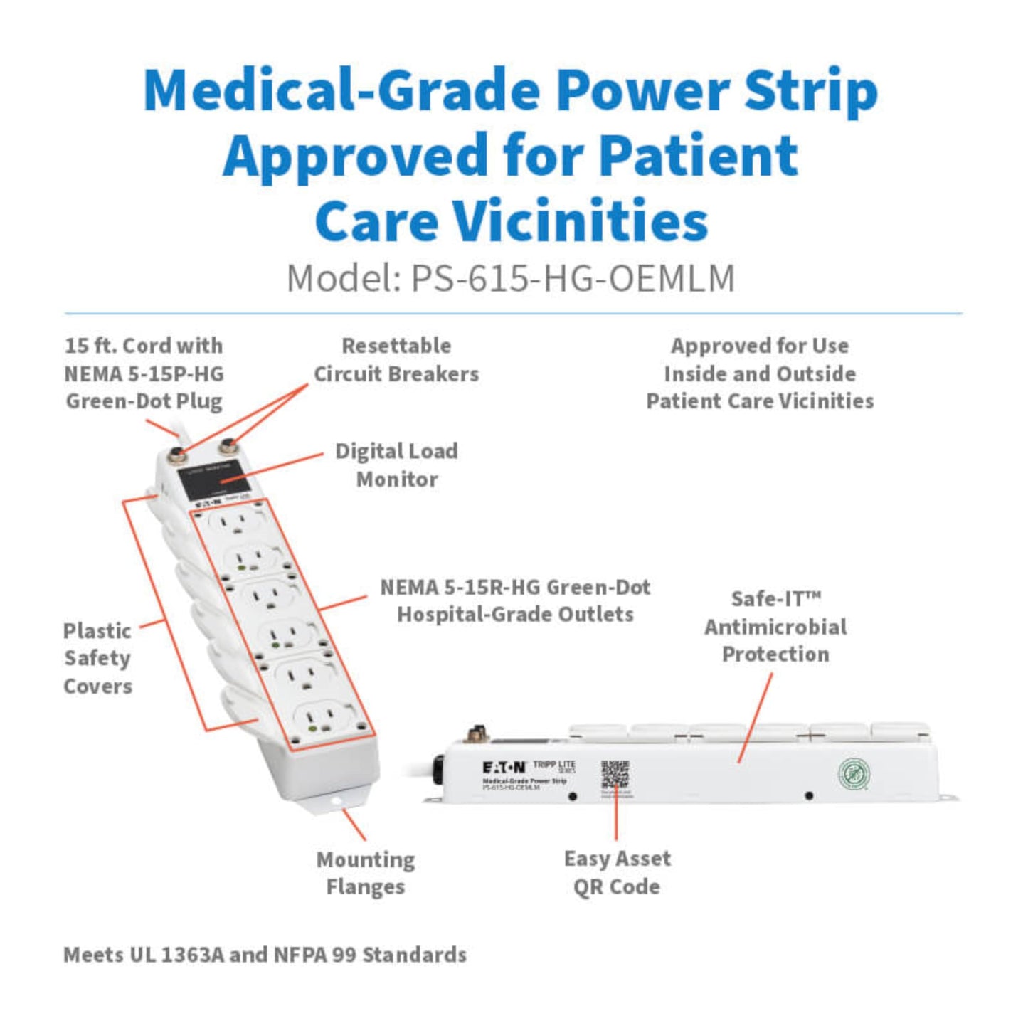 Tripp Lite Eaton Medical Hospital Power Strip for Patient Care Vicinity, UL 1363A Certified, 6 Outlets + 15ft Cord, Cart & IV Pole Mount Option