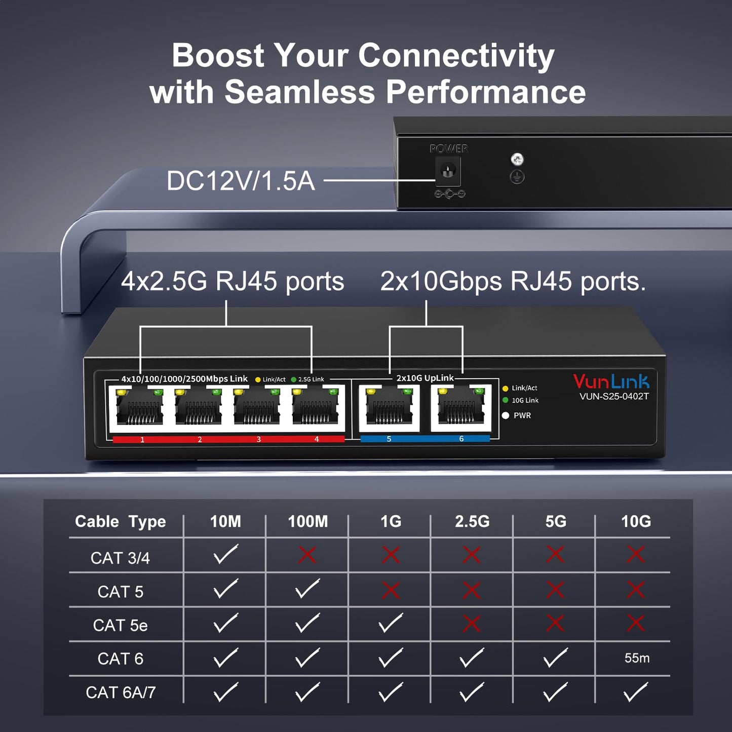 10Gb Ethernet Switch with 4 x 2.5GbE + 2 x 10GbE RJ45 Ports, VunLink 6 Port 10G/2.5G Multi-Gigabit Unmanaged Network Switch, Plug and Play, Fanless