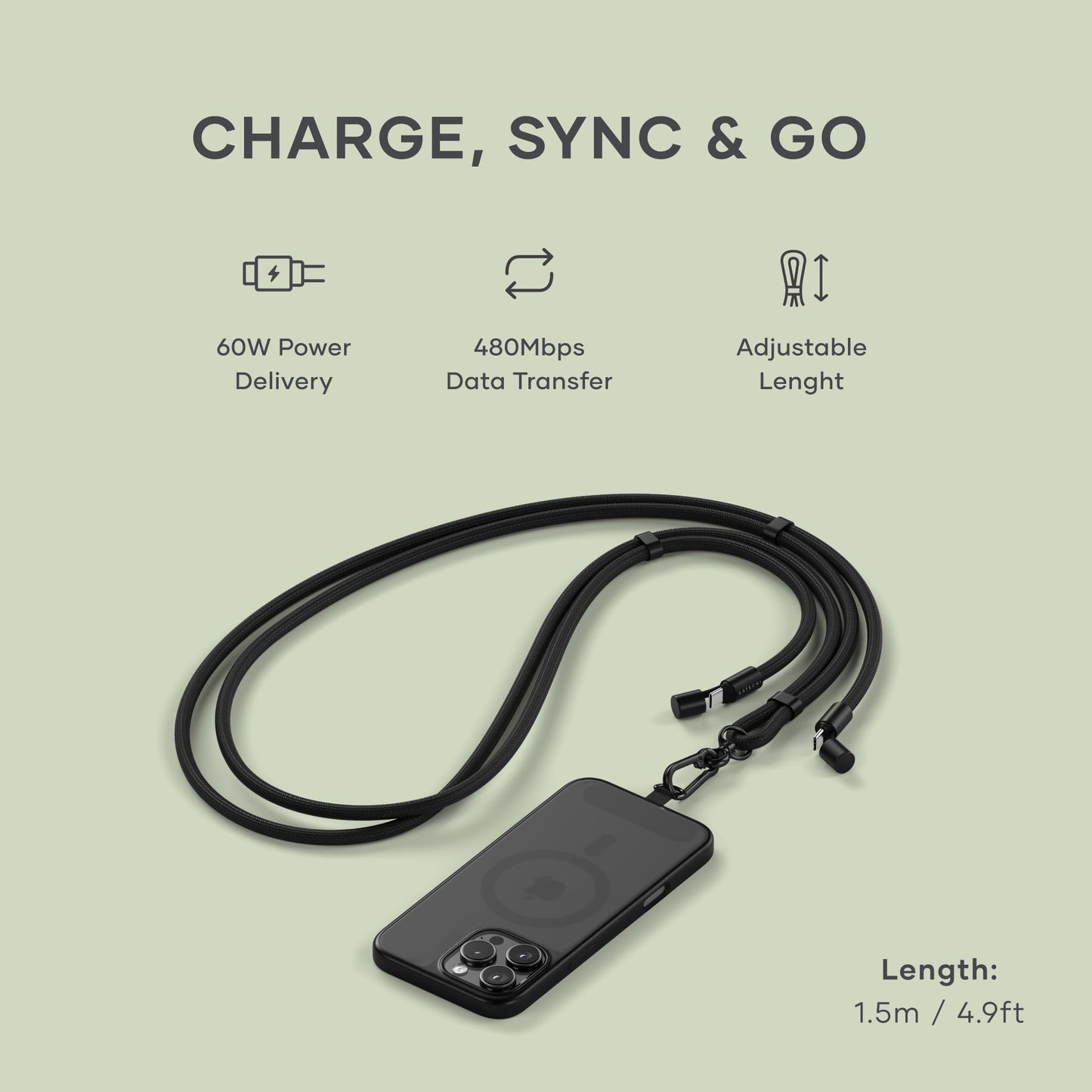 Satechi OntheGo USB-C Lanyard Cable, 60W Fast Charging, 480Mbps Data Transfer, Built-in Crossbody Strap, Adjustable 1.5m / 4.9ft Braided Cord, USB-C