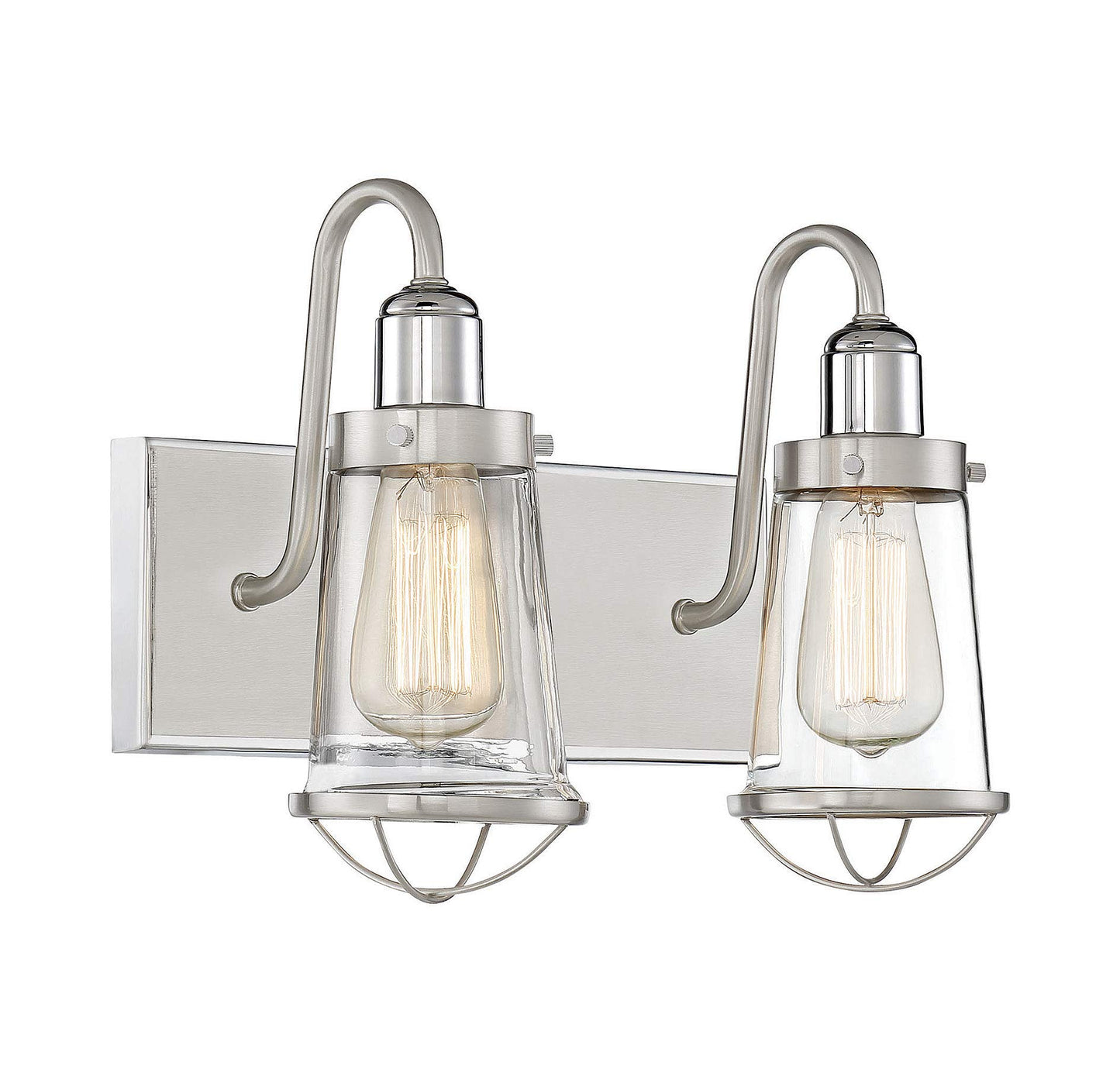 Savoy House 8-1780-2-111 Lansing Industrial Nautical Clear Glass Bathroom Vanity Wall Light, 2-Light 120 Total Watts, 10" H x 14" W, Satin Nickel