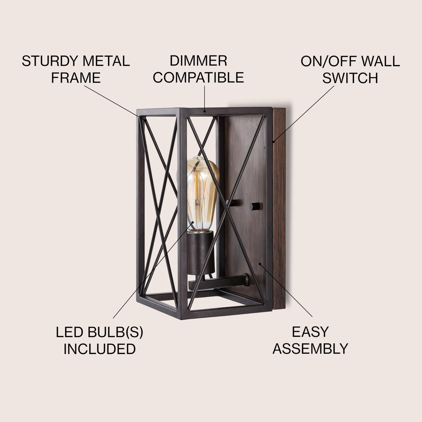 JONATHAN Y 6" Oil Rubbed Bronze/Wood Finish 1-Light Iron Sconce, Farmhouse Rustic X-Frame Wall Lantern for Bathroom Hallway Entryway, Modern
