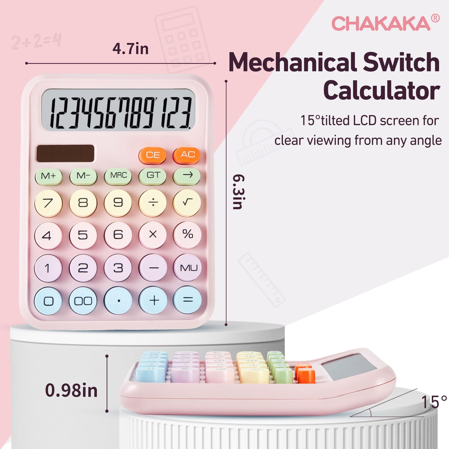 Basic Desktop Calculator with 12-Digit Large LCD Display & Big Buttons - Dual Power (Solar & Battery), Easy to Press Mechanical Switch Calculator