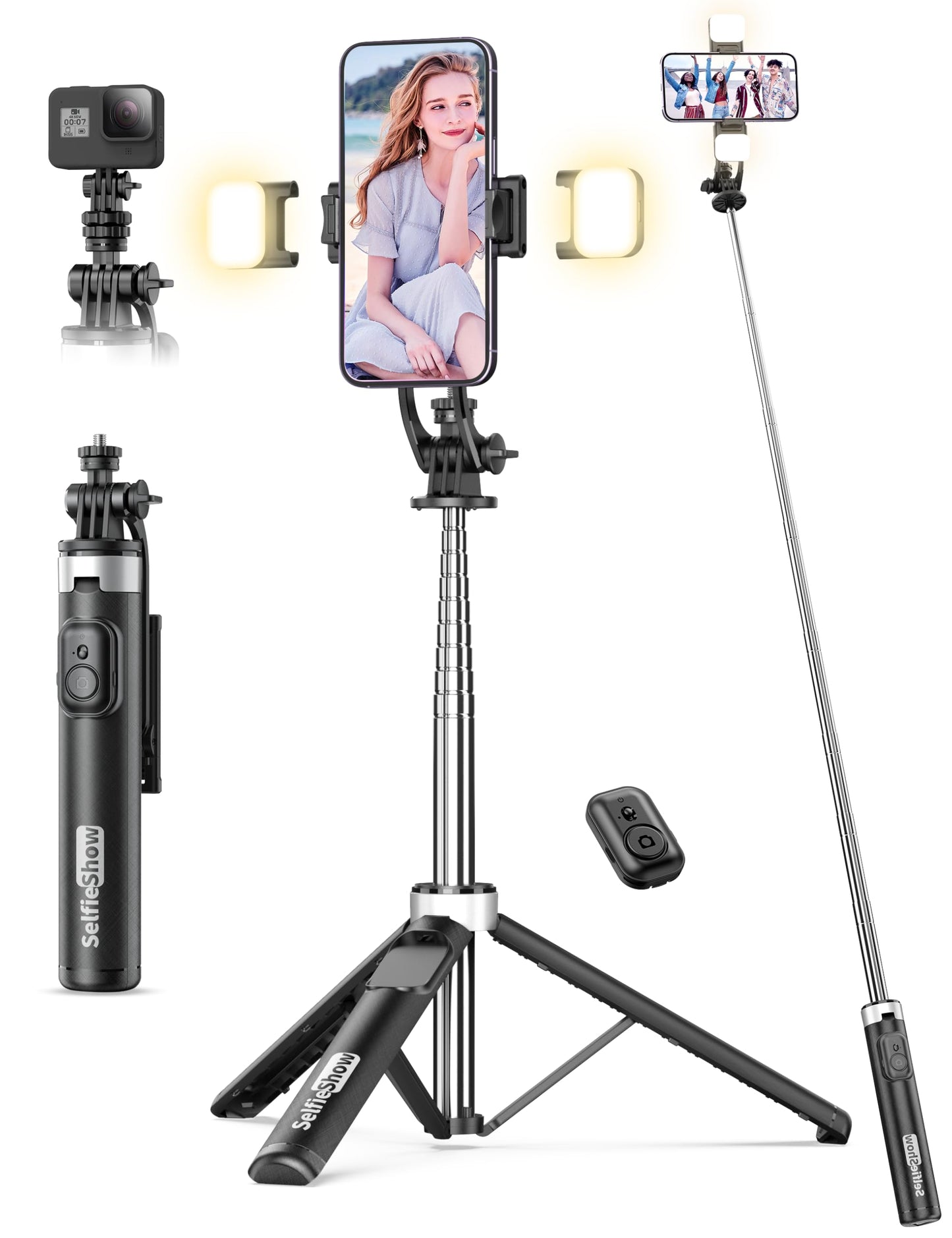 53'' Selfie Stick Tripod with Light, Extendable Selfie Stick with Remote, Portable Cell Phone Tripod Stand with All in 1 Phone Clip, Lightweight