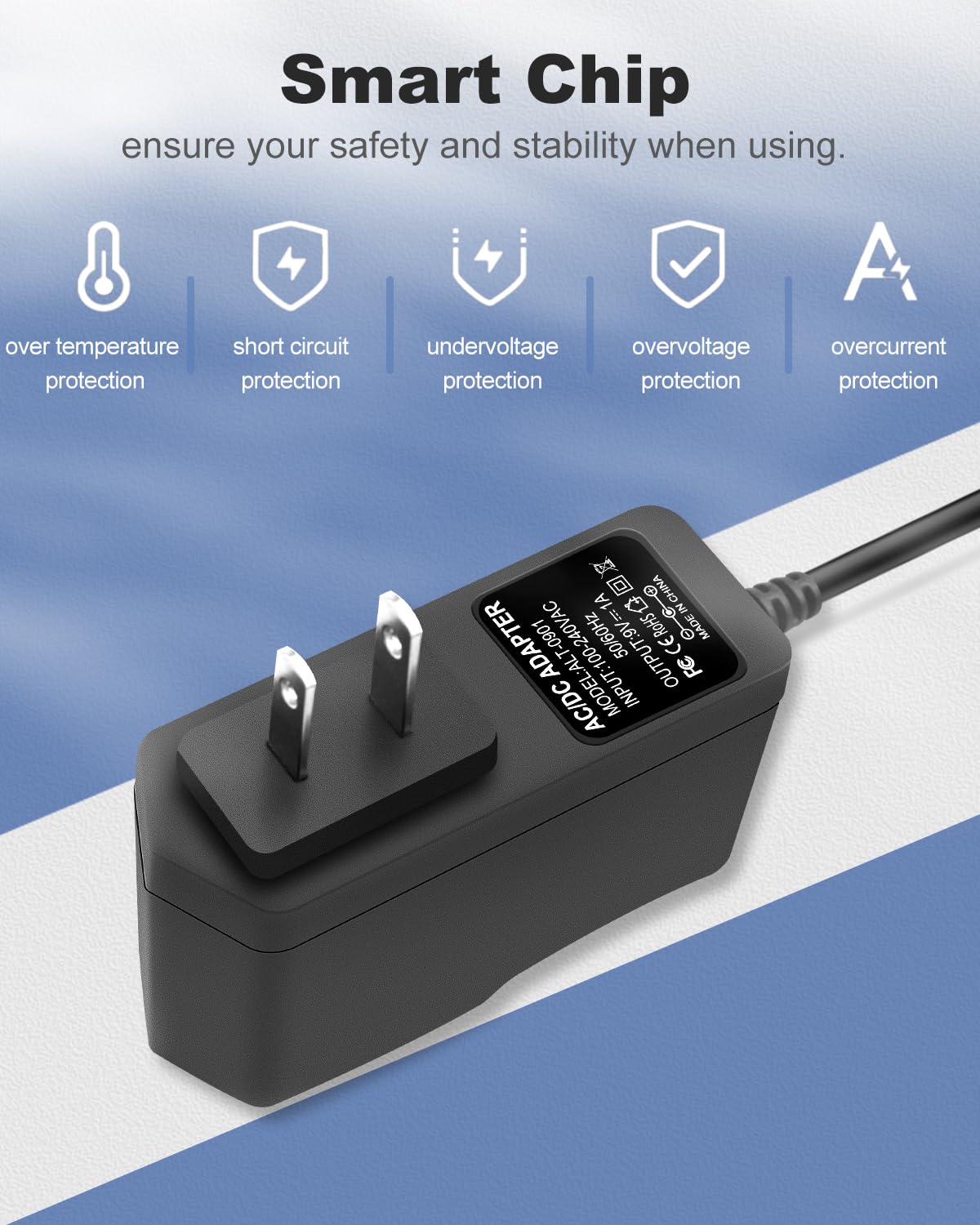9V 1A DC Power Supply Adapter, AC 100-240V 50-60Hz to 9 Volt 1 Amp Transformer, DC 9V Power Cord with 【5.5 x 2.5mm / 2.1mm Barrel Plug Tip Positive】