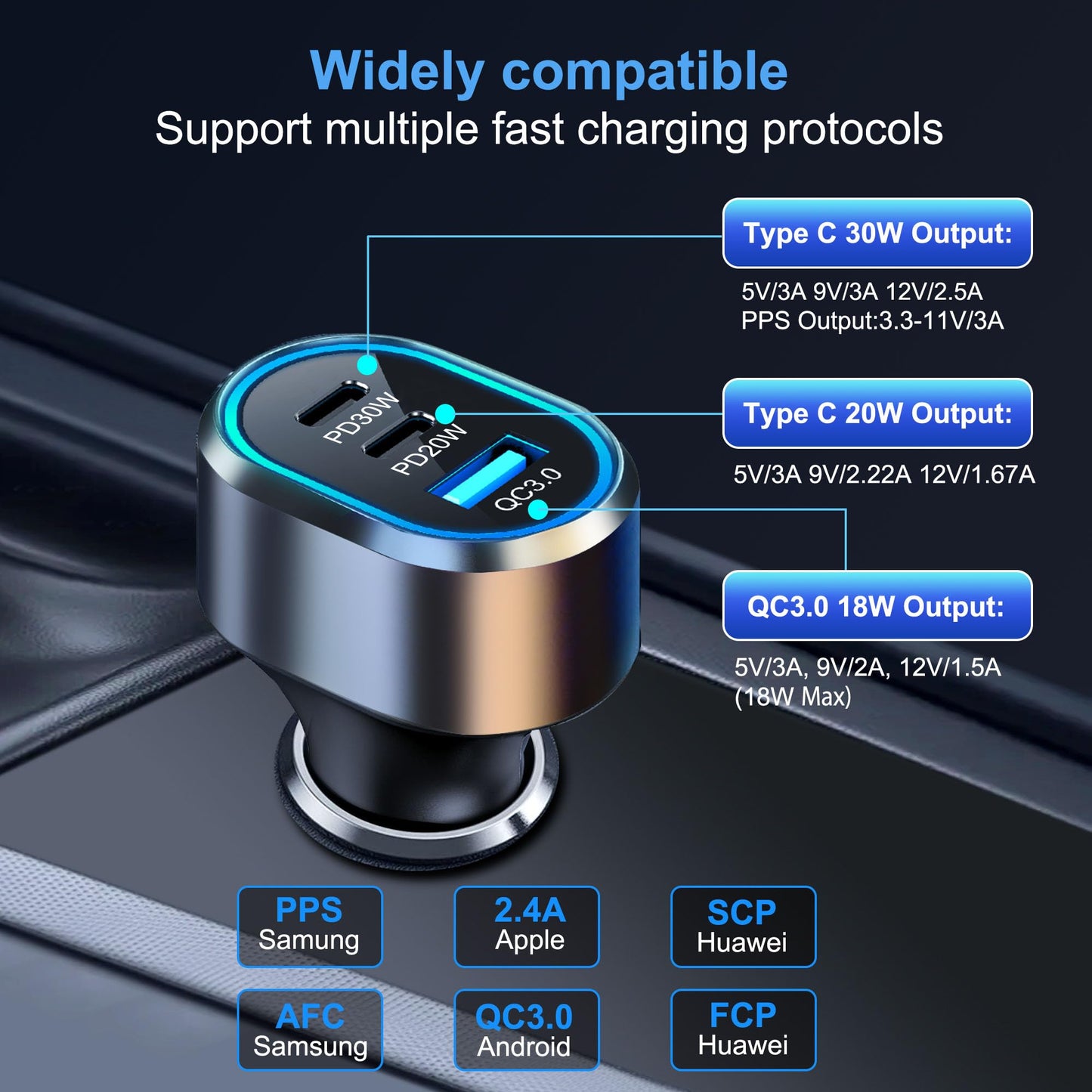 TRON PD 50W Car Charger, 3-Port USB-A + USB-C + USB-C with LED Light Car Power Adapter PD/QC Fast Charging Cigarette Lighter for iPhone, iPad