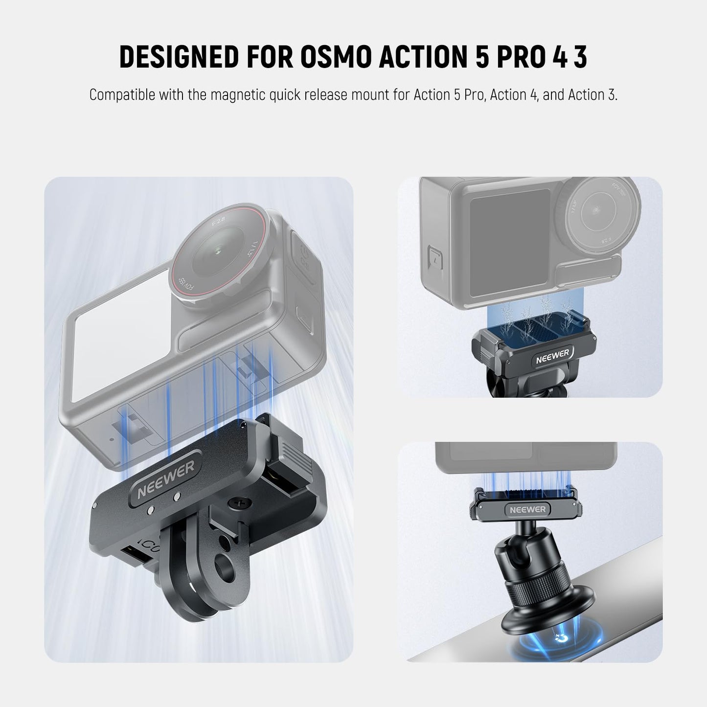 NEEWER Action Camera Accessories Kit Compatible with DJI Osmo Action 5 Pro/4/3, Cold Shoe Mount, Quick Release Magnetic Mount & Ball Head Adapter