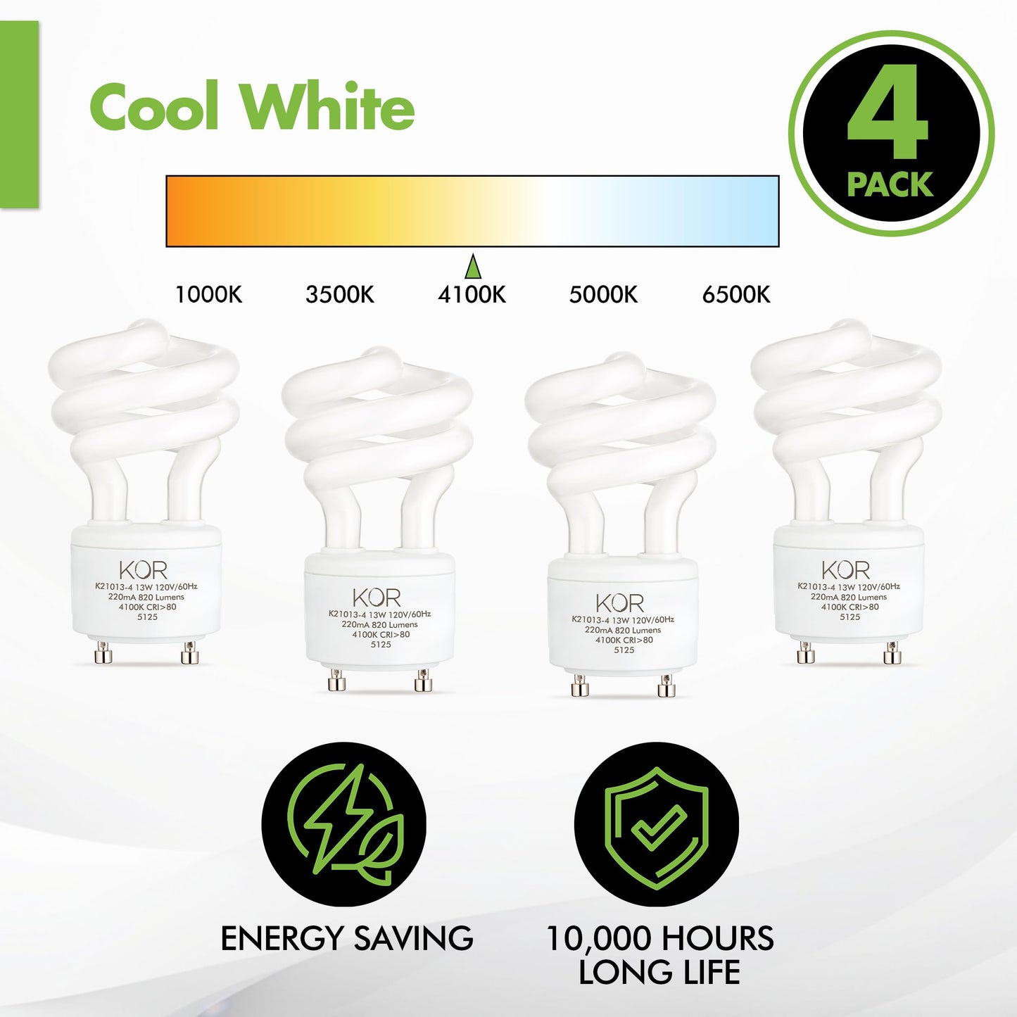 KOR 4-Pack 13W GU24 Base CFL Light Bulbs, 60W Equivalent, Cool White 4100K