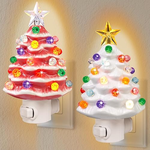 JOVYNX 2 Pack Christmas Ceramic Tree Night Light Plug in,360° Rotatable Nostalgic Xmas Day Night Light that Light Up,Pink White Retro Christmas Day
