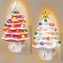 JOVYNX 2 Pack Christmas Ceramic Tree Night Light Plug in,360° Rotatable Nostalgic Xmas Day Night Light that Light Up,Pink White Retro Christmas Day