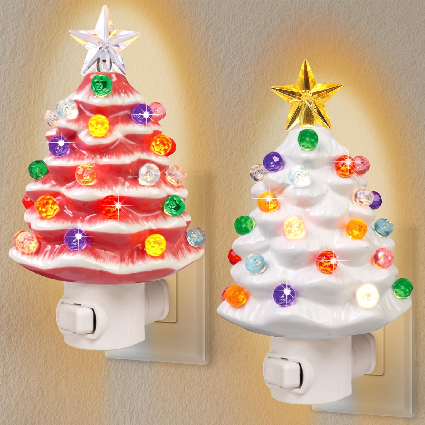 JOVYNX 2 Pack Christmas Ceramic Tree Night Light Plug in,360° Rotatable Nostalgic Xmas Day Night Light that Light Up,Pink White Retro Christmas Day