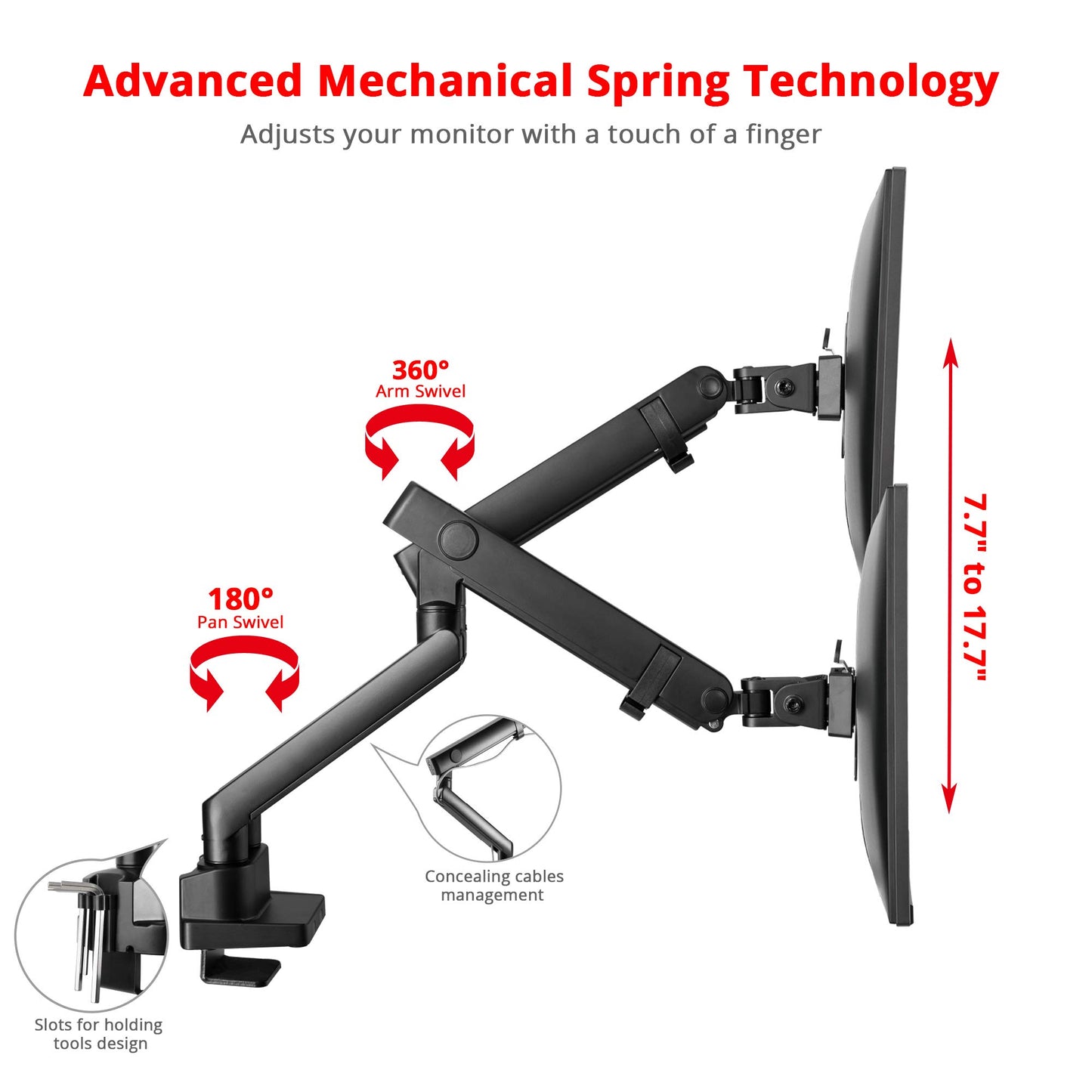 SIIG Aluminum Mechanical Dual Monitor Arm Mount - Height Adjustable Desk Mount for 17in to 32in Screens - 17.6lbs Each Arm - VESA 75x75mm 100x100mm