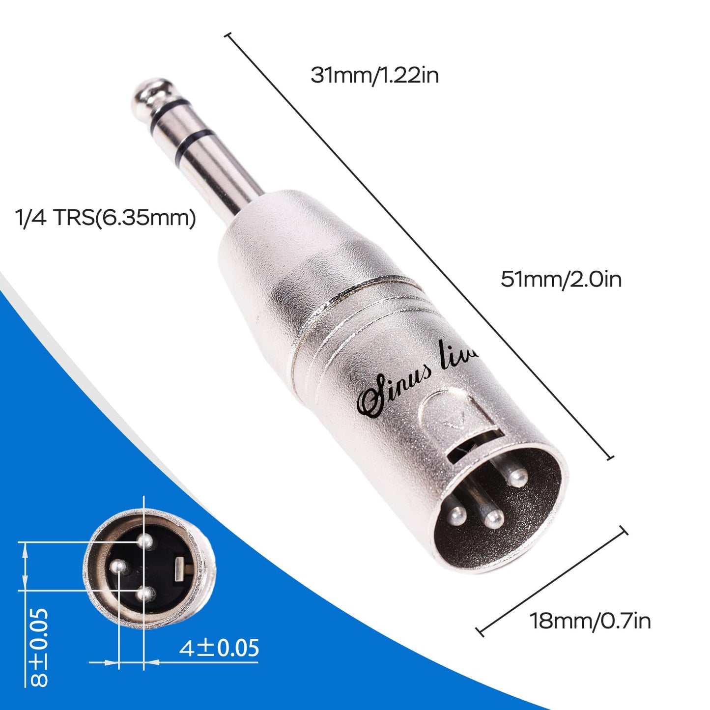 SINUS LIVE 4 Packs XLR Female Male to 1/4" TRS Adapter, Balanced XLR to Quarter Inch 6.35mm Male Adapters