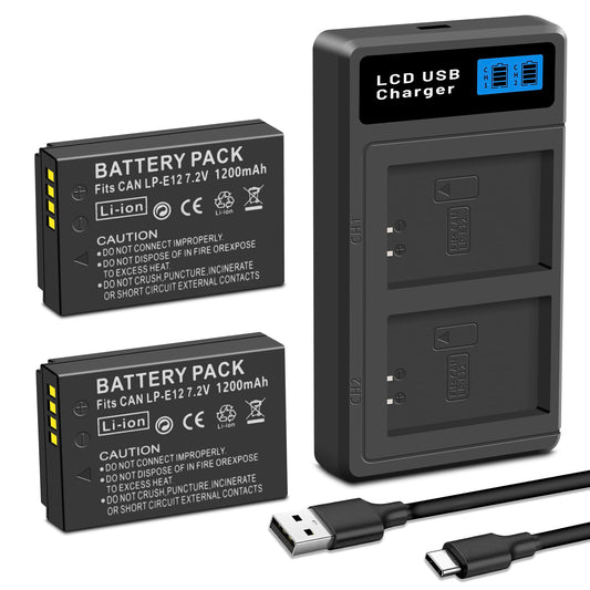2-Pack LP-E12 Battery and USB Dual Battery Charger Compatible with Canon EOS-M, EOS M2, EOS M10, EOS M50, EOS M50 Mark II, EOS M100, EOS M200, SX70